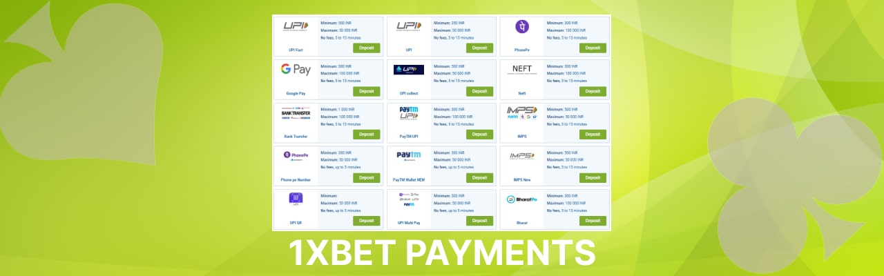 1xBet payment methods